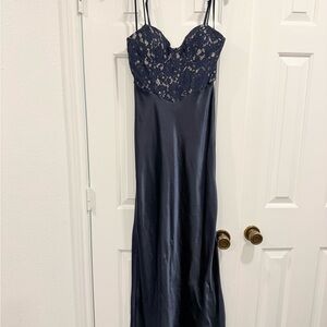 Navy Lace Bodice Satin Prom Dress with Spaghetti Straps